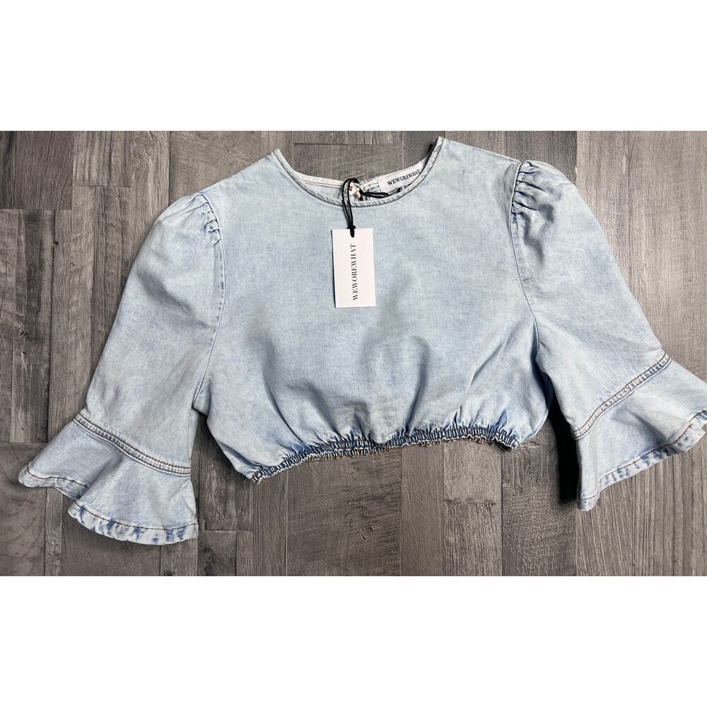 WeWoreWhat Denim Crop Top Women XS Light Wash Puff Sleeve Ruffle coquette